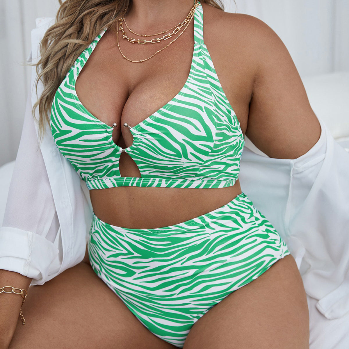 Wholesale Large Size Striped Zebra Print High Waist Split Swimwear